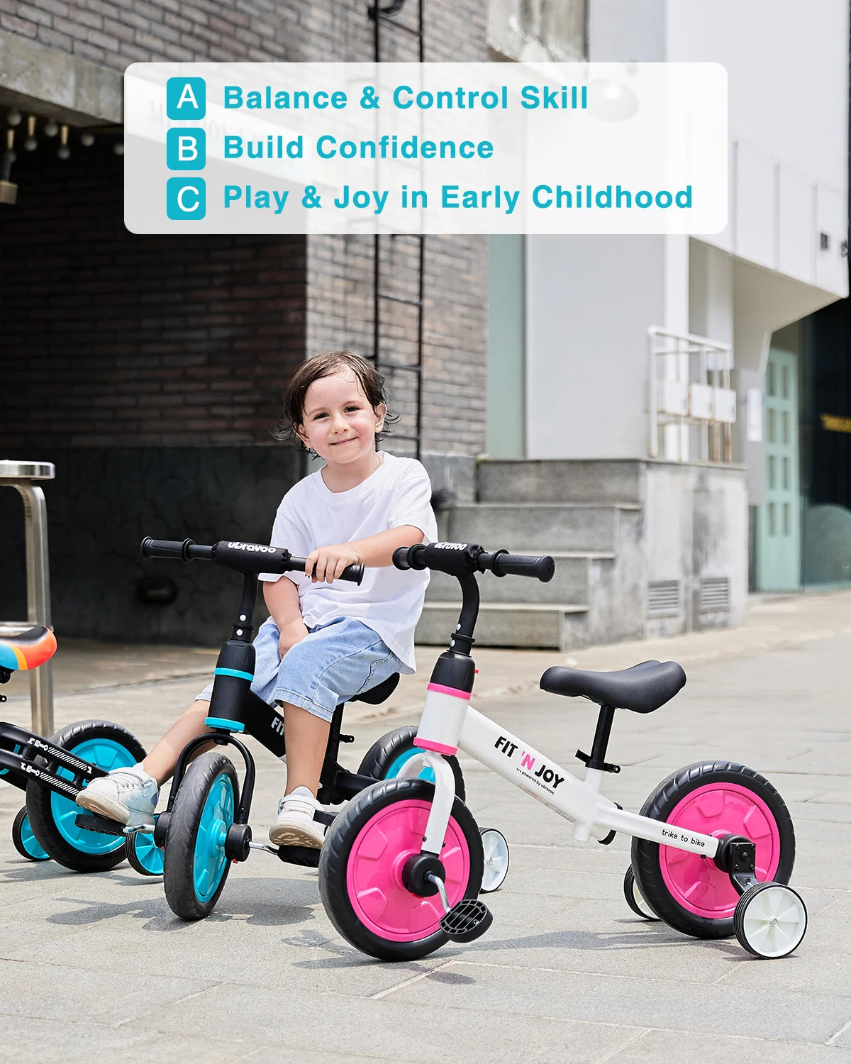 Ubravoo Fit 'n Joy Toddler Balance Bike,4-in-1 Starter Kids Training Bicycle ,Rear Single Rod,