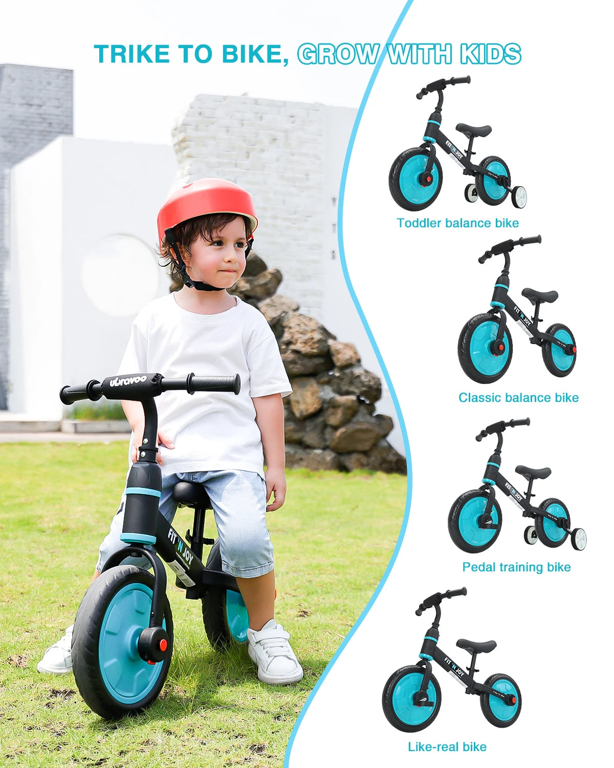 Ubravoo Fit 'n Joy Toddler Balance Bike,4-in-1 Starter Kids Training Bicycle ,Rear Single Rod,