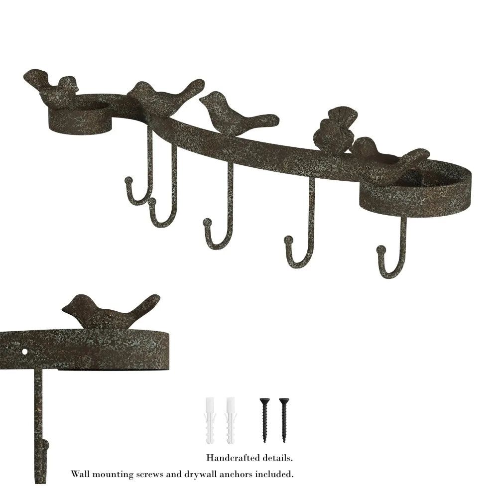 Cast Iron Decorative Birds on Ribbon Hook, Shabby Chic Rustic Wall Mount Hooks by Lavish Home