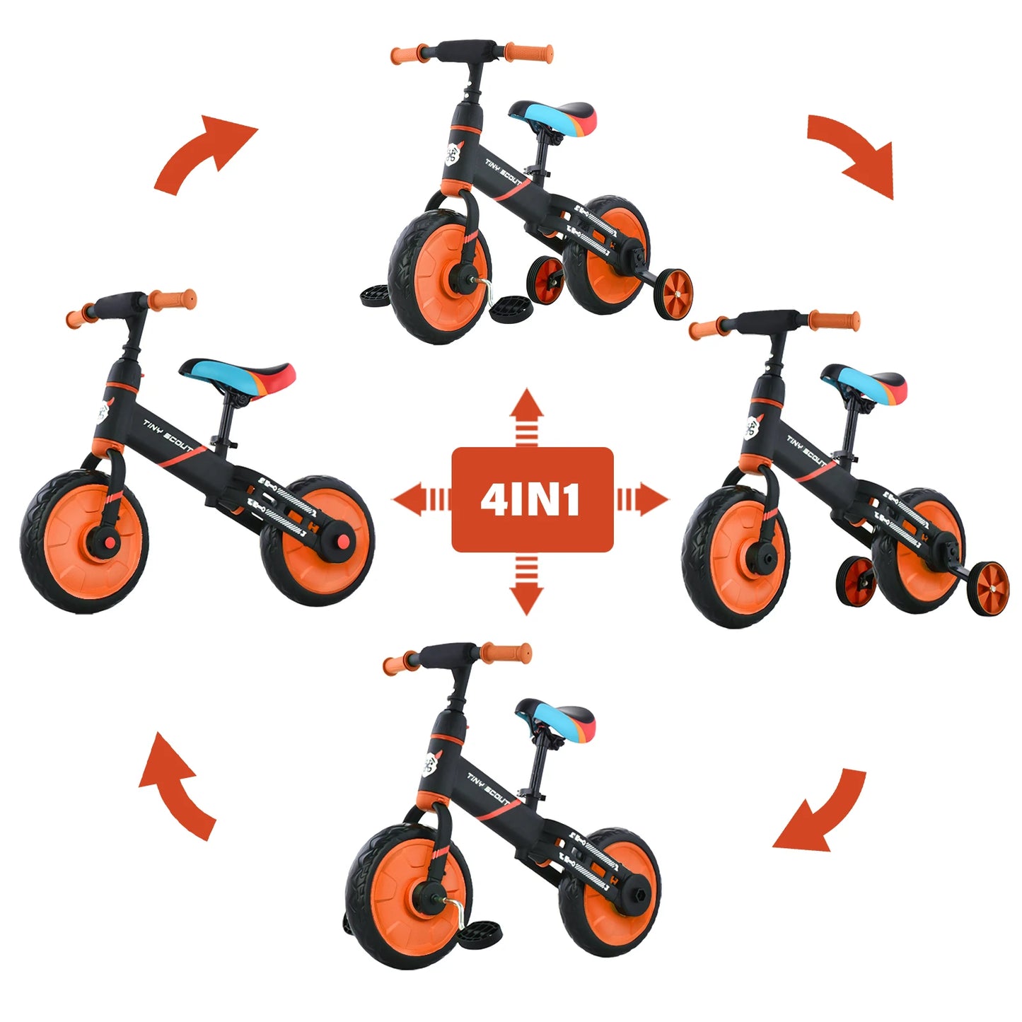 UBRAVOO Tiny Scout Balance Bike 3-5 Years old , 4-in-1 with Optional Support Wheels and Pedals, Saddle Height Adjustable