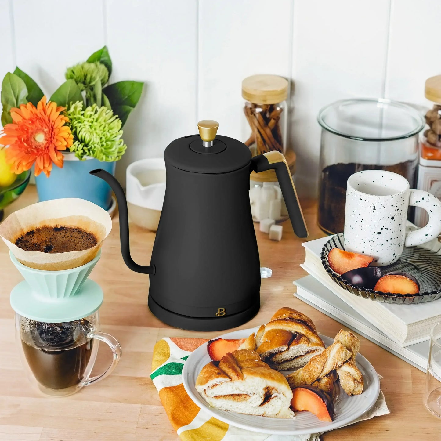 Beautiful 1-Liter Electric Gooseneck Kettle 1200 W, Black Sesame by Drew Barrymore