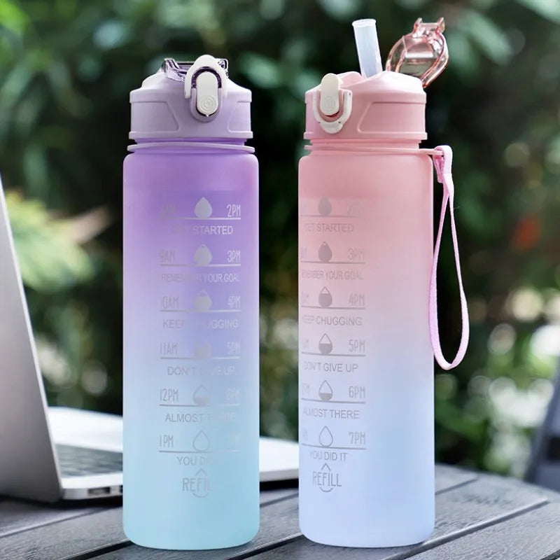 30oz Leakproof Motivational Sports Water Bottle with Straw & Time Marker, Flip Top Durable BPA Free Non-Toxic Frosted Bottle Perfect for Office, School, Gym and Workout