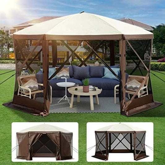 Canopy Gazebo Pop-up Camping Screen Tent 6 Sided Shelter Tent with Mesh Windows, Carry Bag & Ground Stakes