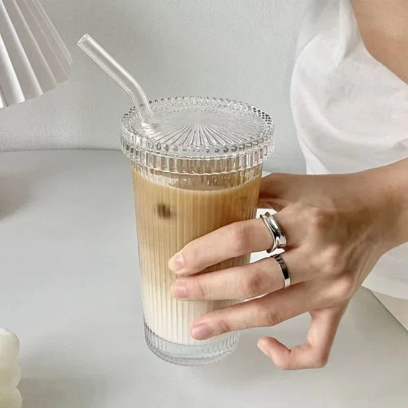 Ribbed Glass Cup with/without Straw and lid