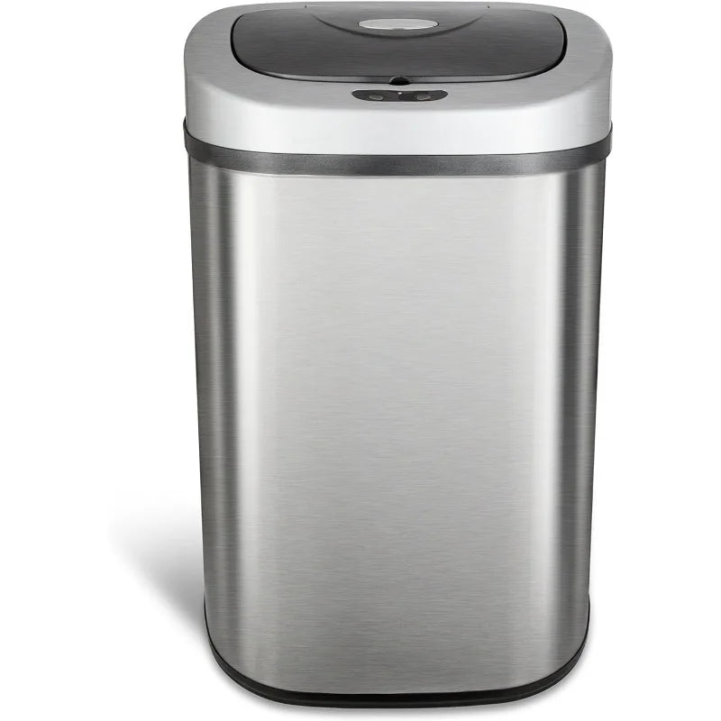 NINESTARS Automatic Touchless Infrared Motion Sensor Trash Can with Stainless Steel Base & Oval, Silver/Black Lid, 21 Gal