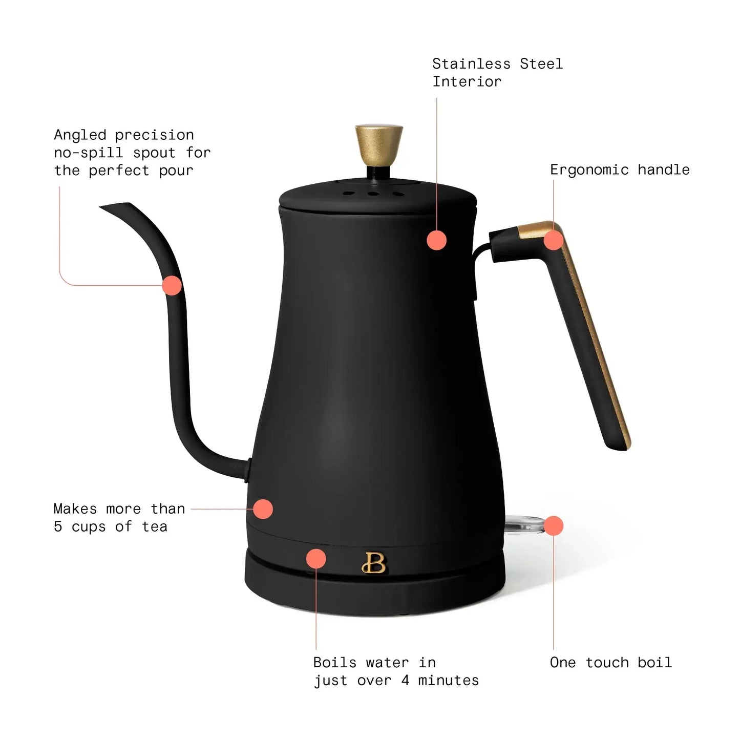 Beautiful 1-Liter Electric Gooseneck Kettle 1200 W, Black Sesame by Drew Barrymore