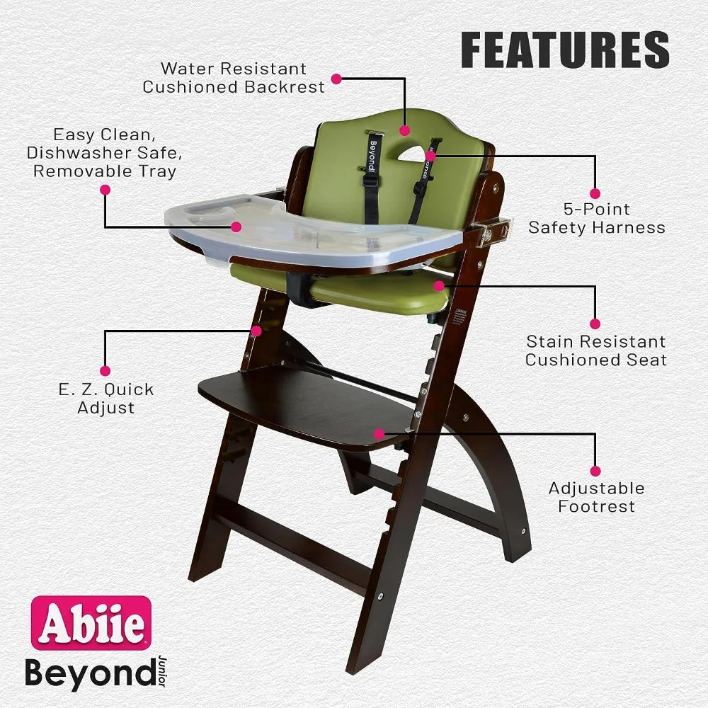 Abiie Beyond Junior Wooden High Chair with Tray - Convertible Baby Highchair - Adjustable High Chair for Babies/Toddlers/6 Months up to 250 Lbs - Stain & Water Resistant Natural Wood/Olive Cushion