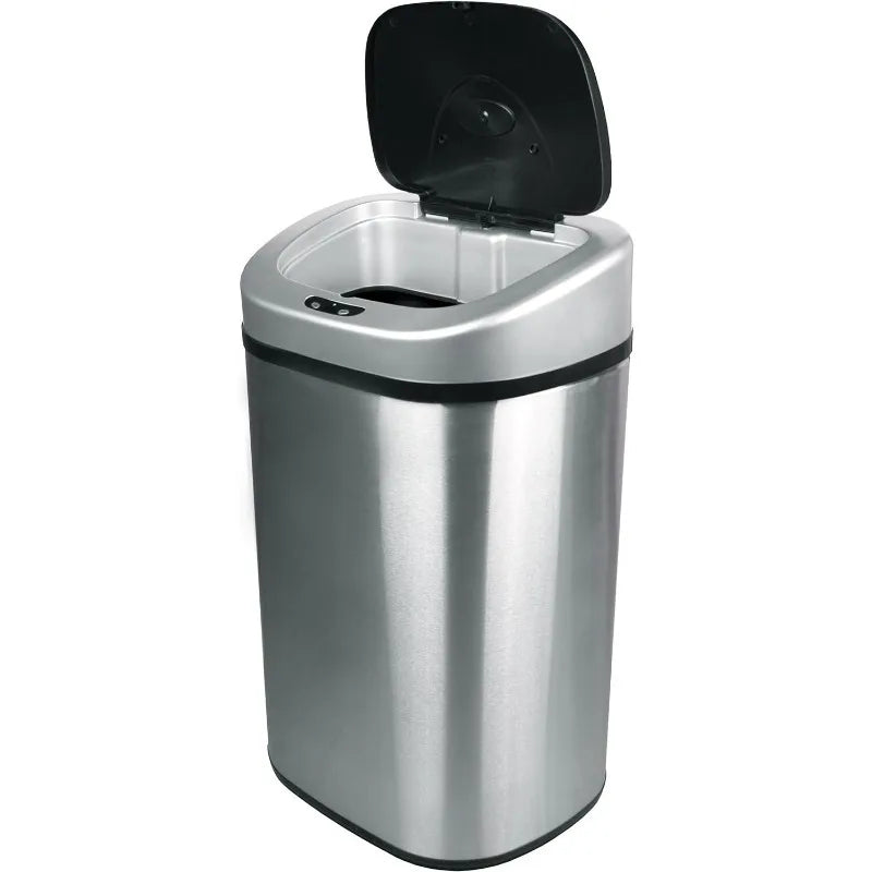 NINESTARS Automatic Touchless Infrared Motion Sensor Trash Can with Stainless Steel Base & Oval, Silver/Black Lid, 21 Gal