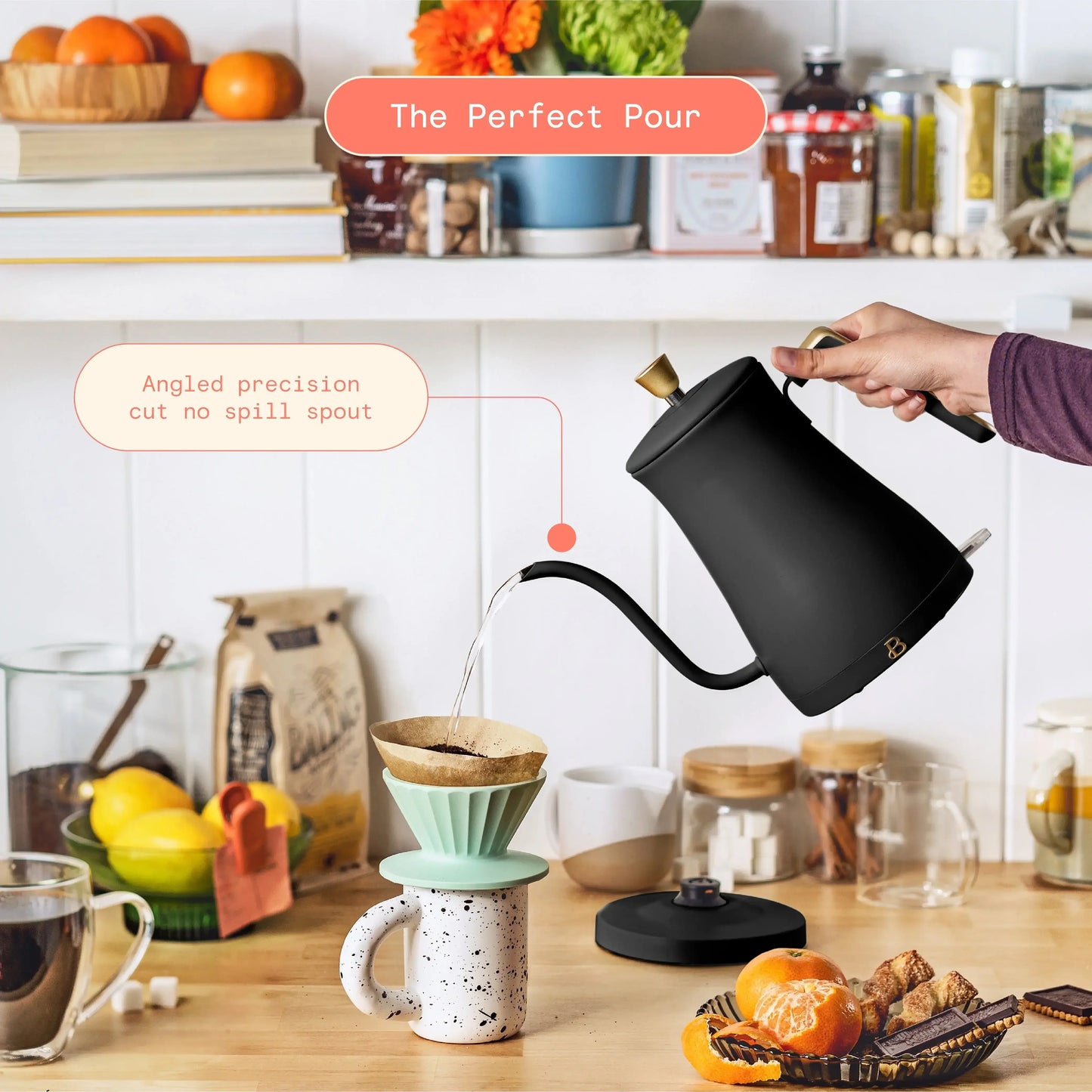 Beautiful 1-Liter Electric Gooseneck Kettle 1200 W, Black Sesame by Drew Barrymore