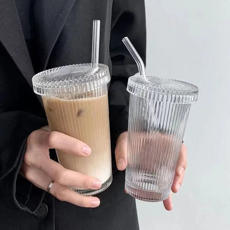 Ribbed Glass Cup with/without Straw and lid